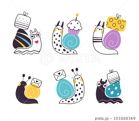 Cute Snail Character with Shell Carrying Gift Box and Cupcake on Its Back Vector Set 103888369