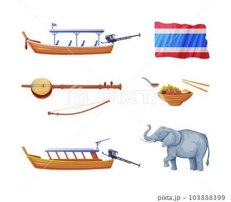 Thailand Symbols and Object with Flag, Wooden Boat, Musical Instrument and Elephant Vector Set Thailand Symbols and Object with Flag, Wooden Boat, Musical Instrument and Elephant Vector Set 103888399