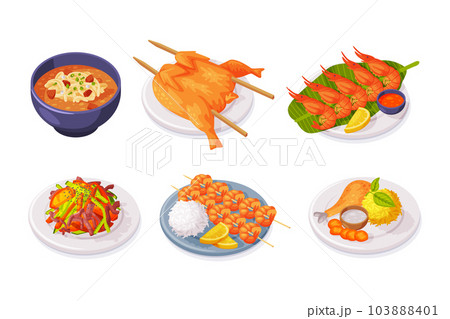 Traditional Thai Food and Dish Served on Plate Vector Illustration Set Traditional Thai Food and Dish Served on Plate Vector Illustration Set 103888401