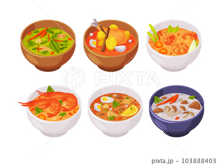 Traditional Thai Food and Dish Served on Plate Vector Illustration Set Traditional Thai Food and Dish Served on Plate Vector Illustration Set 103888403