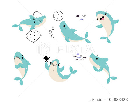 Comic Blue Shark as Marine Animal Vector Set Comic Blue Shark as Marine Animal Vector Set 103888428