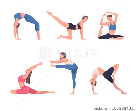 Young Woman Practicing Yoga Asanas Stretching Body Standing in Different Pose Vector Set 103888433