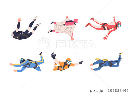 Man Parachutist Skydiving and Free-falling in the Air Descenting on the Earth Vector Set 103888445