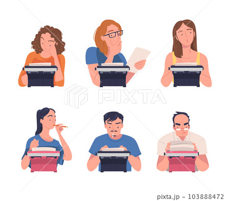 People Writer Character at Typewriter Writing Book Engaged in Creative Literary Work Vector Set 103888472
