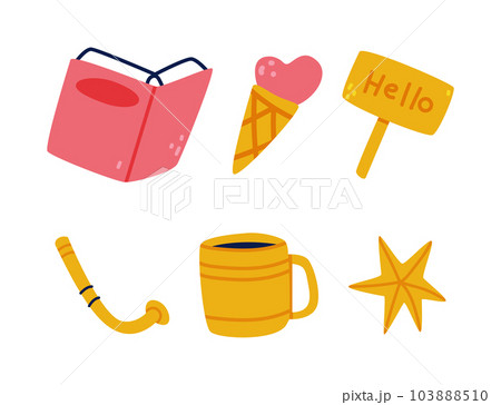 Book, Ice Cream, Hello Placard, Mug, Snorkeling Tube and Yellow Star as Creative Element Vector Set Book, Ice Cream, Hello Placard, Mug, Snorkeling Tube and Yellow Star as Creative Element Vector Set 103888510