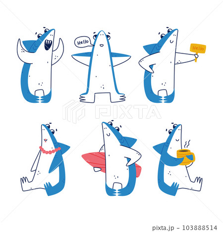 Cute Blue Shark as Sea Animal with Dorsal Fin Vector Illustration Set Cute Blue Shark as Sea Animal with Dorsal Fin Vector Illustration Set 103888514