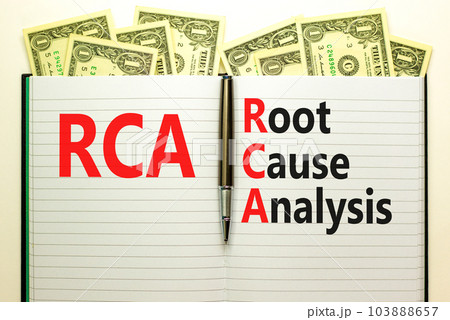 RCA root cause analysis symbol. Concept words RCA root cause analysis on white note. Dollar bills. Beautiful white table white background. Business and RCA root cause analysis concept. Copy space. RCA root cause analysis symbol. Concept words RCA root cause analysis on white note. Dollar bills. Beautiful white table white background. Business and RCA root cause analysis concept. Copy space. 103888657