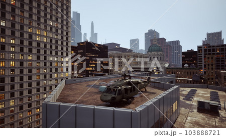 military helicopter in big city 103888721