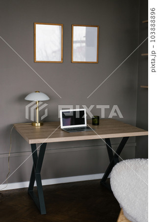 Cozy minimal scandinavian home living room with work space Cozy minimal scandinavian home living room with work space 103888896