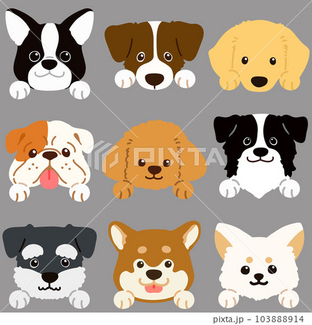 色々な犬の顔の手描きのイラストセット前足付き　主線なし 103888914
