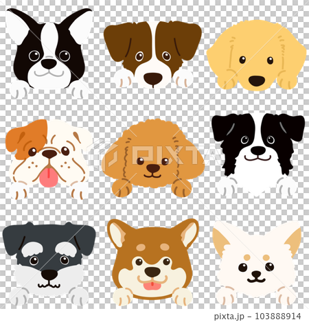 色々な犬の顔の手描きのイラストセット前足付き　主線なし 103888914