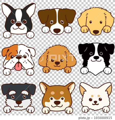 色々な犬の顔の手描きのイラストセット前足付き　主線あり 103888915