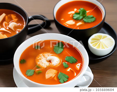 Cozy restaurant with realistic tom yam soup. 103889604