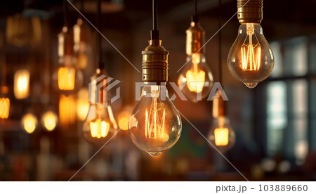 Classic retro lighting bulb in orange warm light shade during it glowing with blurred of other bulbs as bokeh background. Object for interior decoration, selective focus photo. Vintage Edison design Classic retro lighting bulb in orange warm light shade during it glowing with blurred of other bulbs as bokeh background. Object for interior decoration, selective focus photo. Vintage Edison design 103889660