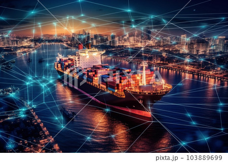 Global Logistics international delivery concept, World map logistic and supply chain network distribution container, cargo ship with contrail in ocean sea ship carrying container for export import 103889699