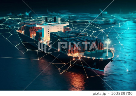 Global Logistics international delivery concept, World map logistic and supply chain network distribution container, cargo ship with contrail in ocean sea ship carrying container for export import Global Logistics international delivery concept, World map logistic and supply chain network distribution container, cargo ship with contrail in ocean sea ship carrying container for export import 103889700
