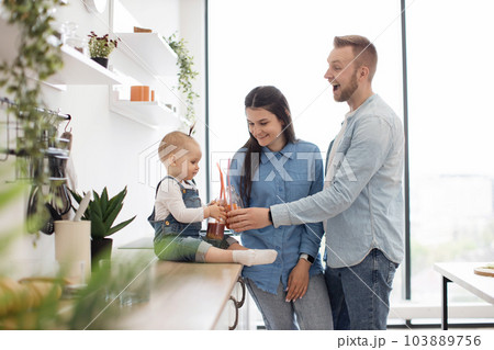 Adorable family of three toasting fresh drinks at home Adorable family of three toasting fresh drinks at home 103889756