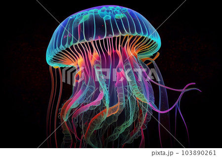 jellyfish swims in the deep dark ocean. - Stock Illustration 