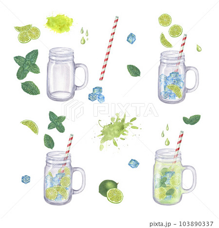 Watercolor illustration of mojito cocktail step by step isolated on white background. Lime slice, Mint, Ice cubes, drinking Straw, glass Jar, tonic Drops. Preparation instruction 103890337