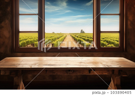 Empty wooden table. Vineyard view out of open window. Generative AI 103890405