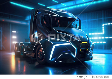 Electric truck in a futuristic environment. Truck with neon lights. Generative AI 103890406