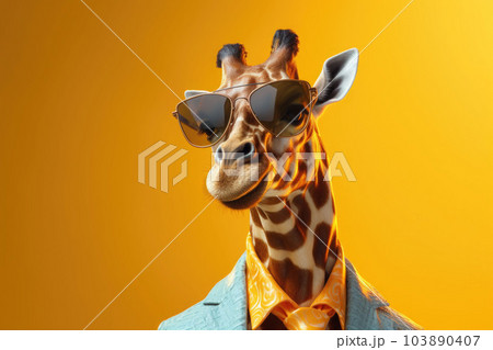 Portrait of a funny giraffe with modern sunglasses over colorful background. Generative AI 103890407