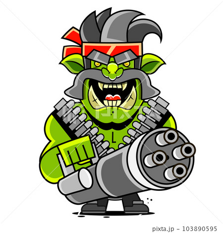 Man in military clothes on a background of green leaves with a weapon. Young man in an army soldier s suit. illustration 103890595