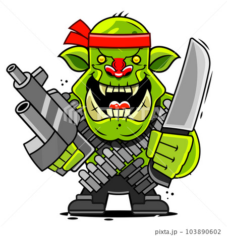 Black silhouettes of orcs clan symbol on white background. Warrior sign. Fantasy game banner with axe and skull. illustration 103890602