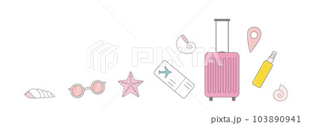 Travel, vacation banner with seashells, star, baggage. Cute vector illustrations for web, poster. Travel, vacation banner with seashells, star, baggage. Cute vector illustrations for web, poster. 103890941