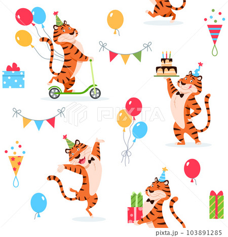 Cartoon Birthday tigers seamless pattern on white background. Cute wild cat print for kids decoration design. Colorful beautiful wrapping paper textile fabric repeat tile. Creative illustration 103891285