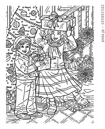 Christmas Children with Gifts Adults Coloring Page Christmas Children with Gifts Adults Coloring Page 103891582