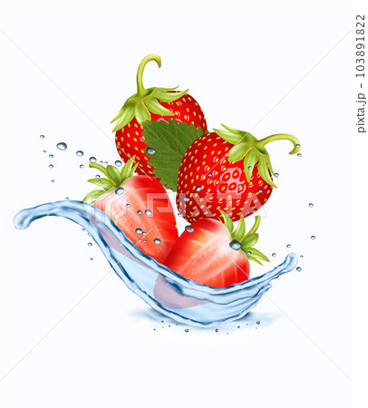 Fresh strawberries in water splash and drops. 3D fresh berries falling into the water. Vector illustration. Fresh strawberries in water splash and drops. 3D fresh berries falling into the water. Vector illustration. 103891822