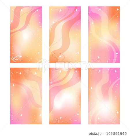 Trendy set of yellow orange pink blurry mesh gradient abstract storis template background with copy space and hand drawn Kawaii Y2K line and wave elements smooth and rounded doodles Ideal for use on 103891946