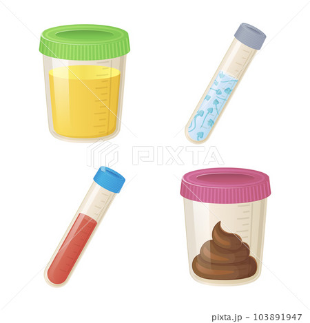 Cartoon style analysis sample set. Container for Medical Tests blood, semen. urine, stool on White Background. Stock Vector Illustration.. Concept of clinic check up tests. 103891947