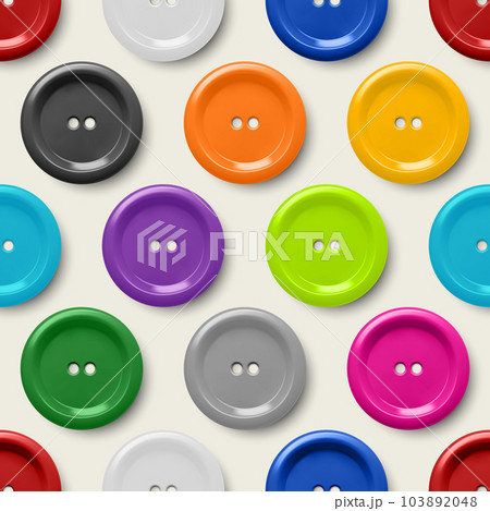Vector Seamless Pattern with 3d Realistic Buttons for Clothes Closeup Isolated. Fashion, Art, Needlework, Sewing, Scrapbooking Decor. Round Clothes Sewing Button Collection, Front View Vector Seamless Pattern with 3d Realistic Buttons for Clothes Closeup Isolated. Fashion, Art, Needlework, Sewing, Scrapbooking Decor. Round Clothes Sewing Button Collection, Front View 103892048