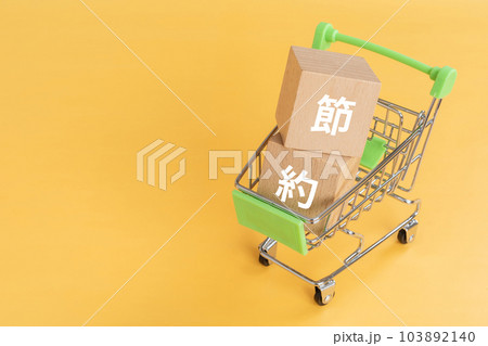 節約のイメージ｜ショッピングカートと木のブロック 103892140