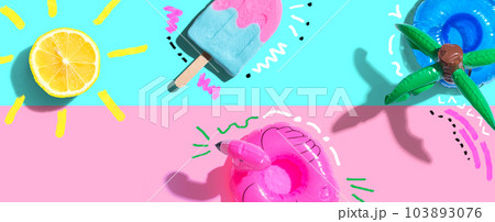 Summer concept with a flamingo float, lemon sunlight and a popsicle Summer concept with a flamingo float, lemon sunlight and a popsicle 103893076
