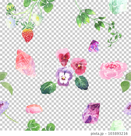 Seamless background material decorated with magical forest berries, roses, wild grasses and natural stones 103893216