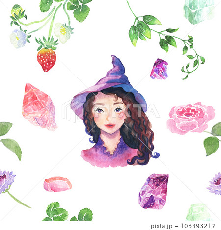 微笑んだ優しい若い森の魔女と、森の薬草、天然石で飾られたシームレス背景素材 微笑んだ優しい若い森の魔女と、森の薬草、天然石で飾られたシームレス背景素材 103893217