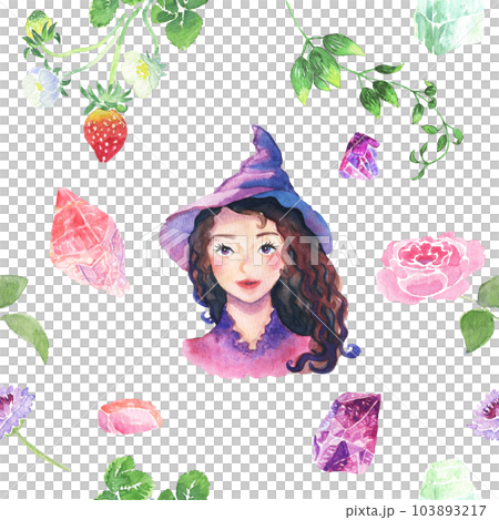 A gentle young forest witch who smiles, forest medicinal herbs, and a seamless background material decorated with natural stones 103893217