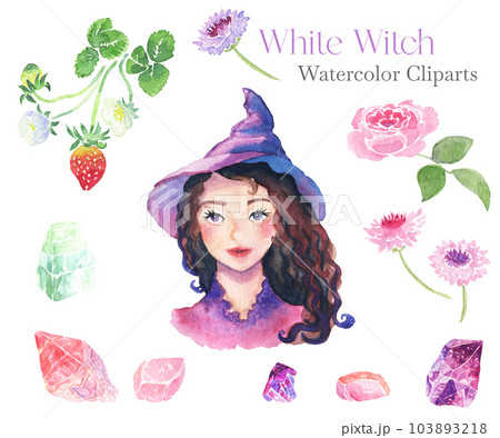 微笑んだ優しい若い森の魔女と、森の薬草、天然石の水彩画クリップアートセット 微笑んだ優しい若い森の魔女と、森の薬草、天然石の水彩画クリップアートセット 103893218