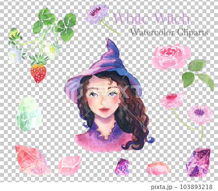 A smiling gentle young forest witch, forest medicinal herbs, and natural stone watercolor clip art set A smiling gentle young forest witch, forest medicinal herbs, and natural stone watercolor clip art set 103893218