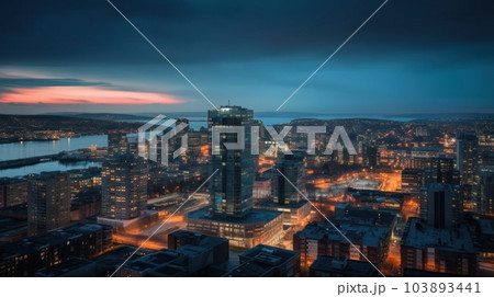 Panoramic skyline and modern commercial buildings with empty asphalt road. AI Generative. 103893441