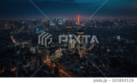 Panoramic skyline and modern commercial buildings with empty asphalt road. AI Generative. 103893519