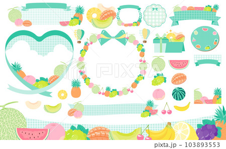 可愛い夏のフルーツ・くだもののイラスト素材とプレゼント・リボンのデザインフレームセット_水色 可愛い夏のフルーツ・くだもののイラスト素材とプレゼント・リボンのデザインフレームセット_水色 103893553