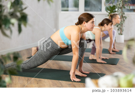 Young female yoga instructor giving pilates training session in wellness center Young female yoga instructor giving pilates training session in wellness center 103893614
