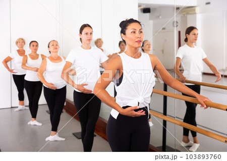 Group of women engaged in classical ballet stand holding onto a barre in a ballet stance Group of women engaged in classical ballet stand holding onto a barre in a ballet stance 103893760
