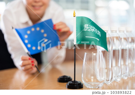 Flags of EU and Saudi Arabia stand on negotiating table in office Flags of EU and Saudi Arabia stand on negotiating table in office 103893822