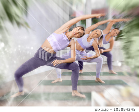Three women doing fitness in fitness studio Three women doing fitness in fitness studio 103894248
