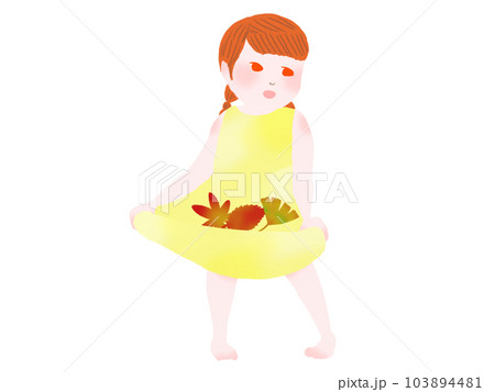 紅葉の落ち葉を集めている黄色いワンピースを着た裸足の女の子 紅葉の落ち葉を集めている黄色いワンピースを着た裸足の女の子 103894481